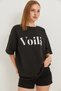 Black Cotton Crew Neck Drop Shoulder Oversize Two Thread Printed T-Shirt