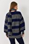 Navy Blue Anthracite Knitwear Soft Textured V-Neck Off-Shoulder Striped Scarf Detailed Buttoned Cardigan - 4