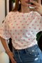 Pink Lycra Stretch Fabric Crew Neck Short Sleeve Polka Dot Patterned Knitted Blouse - 3