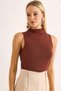 Brown Flexible Textured Stand Collar Sleeveless Slim Fit Knitted Blouse Suitable for Daily Use - 4