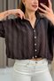 Brown Shirt Collared Short Sleeve Loose Fit Waist Drawstring Button Detailed Crop Shirt - 2