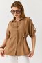 Tan Viscose Textured Shirt Collar Short Sleeve Regular Cut Waist Adjustable Buttoned Shirt - 3
