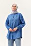 Blue Linen Fabric High Collar Off-Shoulder Buttoned Sleeve Ribbed Detailed Shirt Tunic