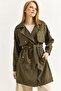 Khaki Woven Fabric Double-Breasted Collar Cuffed Sleeves Button Detail Belted Pocketed Form Trench Coat - 2