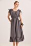 Smoked Textured Knitted Fabric Shoulder Detail Elastic Waist Flexible Comfortable Fit V-Neck Dress