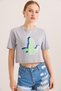 Gray Cotton Knitted Crew Neck Short Sleeve Crop Form Cartoon Bird Printed T-Shirt - 4