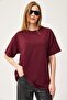 Burgundy Cotton Blend Crew Neck Short Sleeve Basic Relaxed Fit Knitted T-Shirt - 2