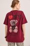 Burgundy Cotton Crew Neck Oversize Knitted T-Shirt with Two Strands Printed on Front and Back - 2