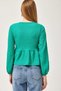 Green Cotton Stretchy Knitted Fabric Crew Neck Long Sleeve Blouse with Tie Detail - 4