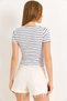 White Lycra Cotton Fabric Square Neck Short Sleeve Striped Patterned Flexible Form Blouse - 4