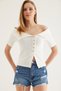 White Viscose Blended Flexible Textured Shoulder-Open Short Sleeve Blouse with Button Detail on the Front - 2