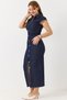 Navy Blue Lycra Denim Fabric Shirt Collar Slim Fit Draped Detailed Front Buttoned Midi Length Dress - 2