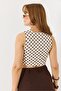 Cream Polymide Stretch Fabric Crew Neck Sleeveless Crop Form Polka Dot Patterned Blouse - 6