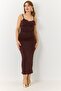 Brown Sandy Fabric Backless Draped Bodycon Dress with Guipure Detail
