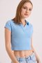 Blue Knitted Camisole Fabric Polo Collar Short Sleeve Basic Fit Slim Fit Crop Blouse - 3
