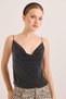 Black Stretchy Fabric Degaje Collar Thin Straps Glittery Textured Lycra Knitted Blouse - 2