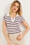 Burgundy Cotton Lycra Stretch Fabric Polo Collar Short Sleeve Striped Crop Form Knitted Blouse - 3