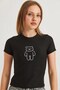 Black Camisole Crew Neck Short Sleeve Slim Fit Knitted Blouse with Teddy Bear Embroidery Detail - 2