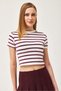 Purple Viscose Blended Stretch Fabric Crew Neck Short Sleeve Striped Crop T-Shirt