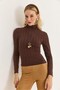 Brown Stretchy Knitwear Textured Turtleneck Long Sleeve Slim Fit Self-Knit Detailed Sweater - 4