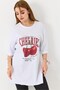 White Knitted Fabric Crew Neck Double Sleeve Loose T-Shirt with Slits on the Sides and Cherry Print - 4