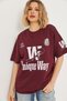 Burgundy Cotton Lycra Stretch Fabric Crew Neck Drop Shoulder T-Shirt with Print Detail