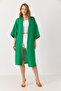 Green Viscose Blended Fabric Kimono with Pattern on the Back, Tassel Detail, Pockets and Side Slits