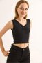 Black Cotton Stretch Fabric V-Neck Sleeveless Crop Form Blouse with Laced Gathered Detail - 5