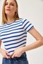Blue Viscose Lycra Blended Stretch Fabric Crew Neck Striped Short Sleeve Crop T-Shirt - 5