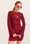 Burgundy Stretchy Textured Turtleneck Spanish Sleeve Backless Slim Fit Knitted Dress - 3