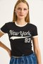 Black Cotton Crew Neck Short Sleeve Crop Form Stripe Detailed Knitted T-Shirt