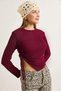 Burgundy Stretch Fabric Crew Neck Long Sleeve Asymmetrical Cut Side Gathered Knitted Blouse - 4