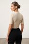 Beige Ribbed Stretchy Textured Crew Neck Short Sleeve Slim Fit Bodysuit with Snap Buttons at the Bottom - 3