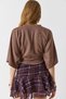 Brown Crew Neck Bat Sleeve Comfortable Fit Knitted Blouse with Gathered Side Detail - 5