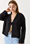 Black Fine Textured Long Sleeve Relaxed Fit Summer Crop Jacket with Front Tie Detail - 2