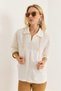 White Woven Fabric Stand Collar Relaxed Fit Zipper and Stripe Detailed Long Sleeve Shirt - 5