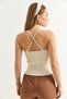 Beige Knitwear Textured Rope Strap V-Neck Ribbed Knitted Form Openwork Detailed Buttoned Blouse - 4
