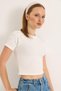 White Cotton Ottoman Fabric Crew Neck Regular Fit Stone Detailed Short Sleeve Crop Blouse - 5