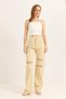 Beige Cotton Woven High Waist Wide Leg Ripped Detailed Relaxed Fit Jean Trousers Jeans