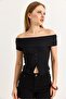 Black Ribbed Knitted Fabric Boat Neck Short Sleeve Slim Fit Stretchy Blouse with Button Detail on the Front - 2