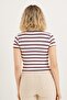 Burgundy Cotton Lycra Stretch Fabric Polo Collar Short Sleeve Striped Crop Form Knitted Blouse - 5