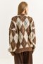 Brown Stretchy Textured V-Neck Off-Shoulder Oversize Diamond Pattern Buttoned Melted Cardigan - 4