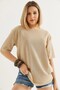Cream Cotton Blend Fabric Crew Neck Short Sleeve Basic Relaxed Fit Knitted T-Shirt - 5