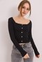 Black Cotton Square Collar Long Sleeve Knitted Blouse with Lace and Button Detail - 3