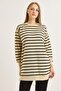 Black Stretchy Knitted Fabric Crew Neck Long Sleeve Relaxed Fit Horizontal Striped Patterned Tunic - 6