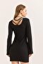 Black Stretchy Textured Turtleneck Spanish Sleeve Backless Dress That Highlights Body Lines - 4