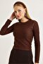 Coffee Ottoman Fabric Crew Neck Long Sleeve Comfortable Fit Blouse with Stone Embroidered Detail on the Front - 2