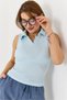Baby Blue Knitted Camisole Fabric Polo Collar Zero Sleeve Basic Ribbed Blouse