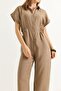 Mink Modal Woven Fabric Short Sleeve Elastic Waist Shirt Collar Button Detail Wide Leg Jumpsuit - 3