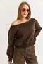 Brown Three-Thread Ribbed Boat Neck Off-Shoulder Ribbed Detailed Relaxed Fit Sweatshirt - 2
